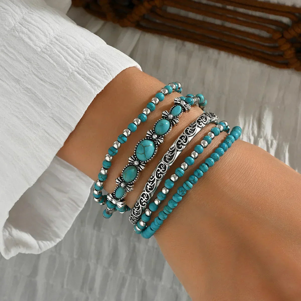 Boho armbanden set met turquoise kralen