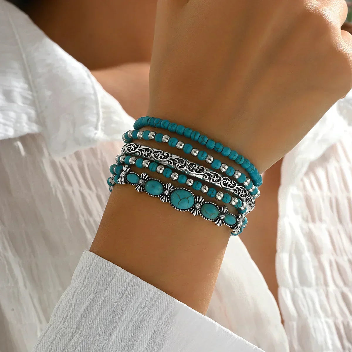 Boho armbanden set met turquoise kralen