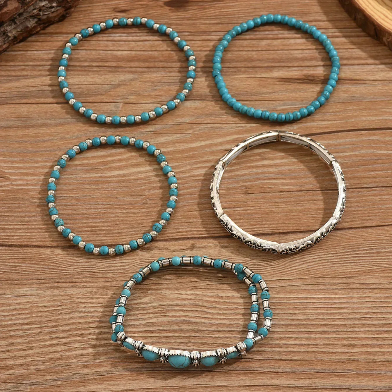 Boho armbanden set met turquoise kralen